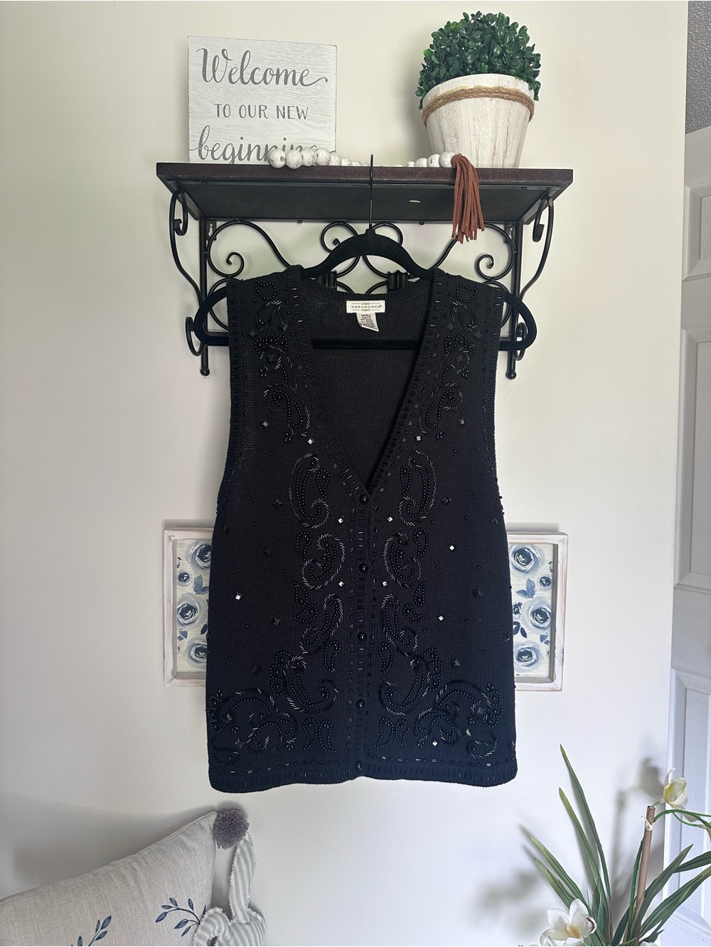 VTG Embellished Black Knit Sweater Vest Paisley Beaded